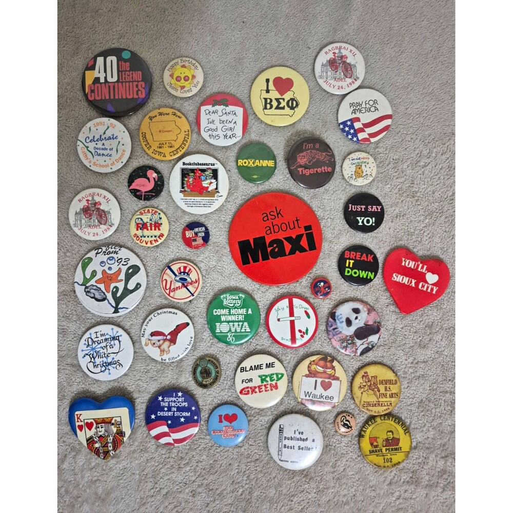 Vintage Mixed Lot Pinback Buttons & Pins w/ Ask About Maxi Iowa Waukee